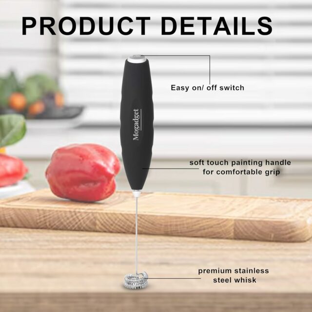 Handheld Milk Frother with Stand, Battery-Operated Electric Drink Mixer for Coffee, Cappuccino, Latte, Matcha, and Hot Chocolate (Premium Black Double Whisk)