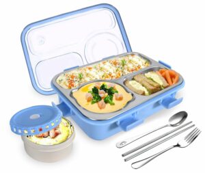 TEC TAVAKKAL Lunch Box 3 Compartment Leak-Proof BPA Free Stainless Steel, Lunch Box for Kids, Lunch Box for School & Office with a Fork, a Spoon and a Pair of Chopsticks (Blue), 750 ml