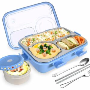 TEC TAVAKKAL Lunch Box 3 Compartment Leak-Proof BPA Free Stainless Steel, Lunch Box for Kids, Lunch Box for School & Office with a Fork, a Spoon and a Pair of Chopsticks (Blue), 750 ml