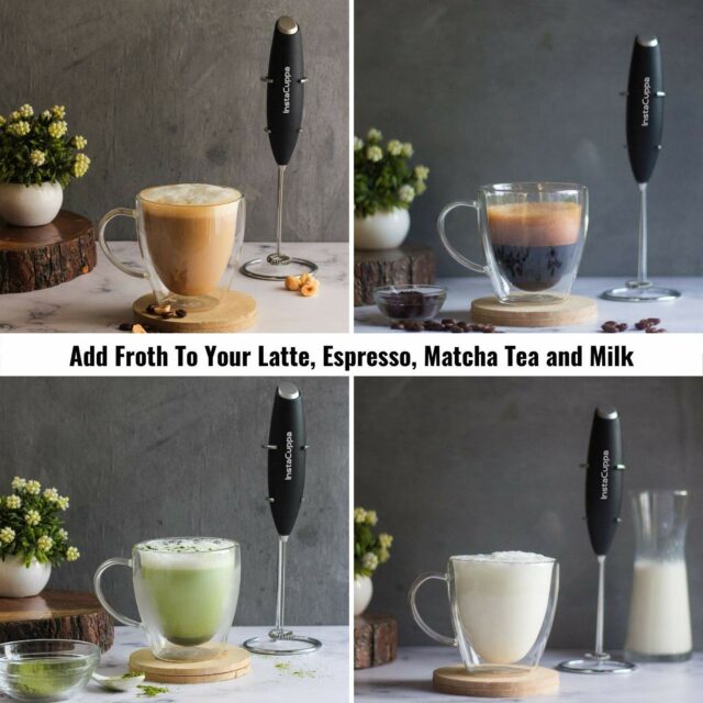Milk Frother for Coffee, Handheld Battery-Operated Froth Coffee Beater, Electric Portable Foam Maker for Cappuccino, Automatic Hand Stirrer with Stainless Steel Egg Whisker and Stand