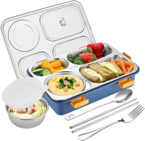 Brand Conquer Lunch Boxes for Adults - Lunch Box for Kids with Spoon & Fork - Durable Perfect Size for On-The-Go Meal, BPA-Free and Food 4 Compartment Stainless Steel (4 Compartment, Blue), 1.3 Liters
