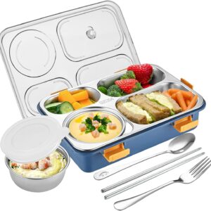 Brand Conquer Lunch Boxes for Adults - Lunch Box for Kids with Spoon & Fork - Durable Perfect Size for On-The-Go Meal, BPA-Free and Food 4 Compartment Stainless Steel (4 Compartment, Blue), 1.3 Liters