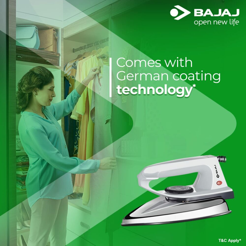 Bajaj DX 2 600-Watt Light Weight Dry Iron | Non-Stick Coated Soleplate | Anti-Bacterial Coating | 180 Degree Swivel Cord | Cool Touch Handle | 2-Yrs Warranty ?Grey? - Image 4