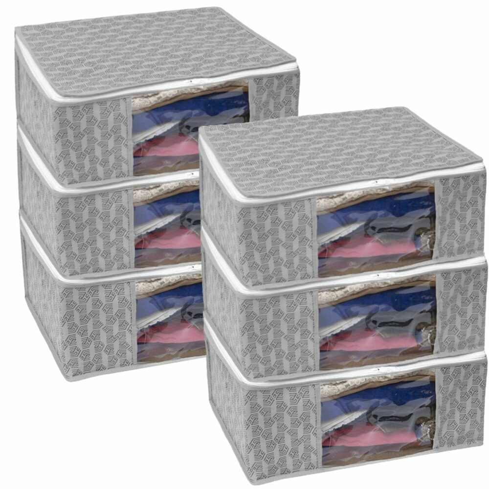 Homestrap Set of 6 Non-Woven Printed Saree Cover/Cloth Storage/Wardrobe Organizer For Clothes with Transparent Window (Grey)(Shark Tank Featured) 45cmx33cmx22cm