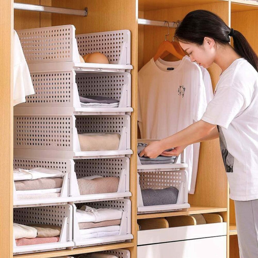 Polypropylene 3 Pieces Wardrobe Organizer for Storage/Foldable & Stackable Closet Basket/Cupboard Organizer for Clothes/Almirah Space Saver(White) - Image 6