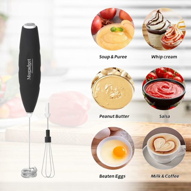 Handheld Milk Frother with Stand, Battery-Operated Electric Drink Mixer for Coffee, Cappuccino, Latte, Matcha, and Hot Chocolate (Premium Black Double Whisk)