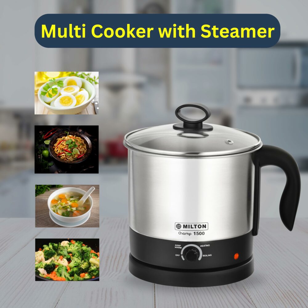 Milton Champ 1500 Electric Multi Cooker with steamer | Rice Cooker | 5 egg tray | 1.5 litre 600 Watt | 3 Boiling Modes | Stainless Steel body | Egg boiler | Tea, Soup, Noodles maker | 1 Year Warranty - Image 3