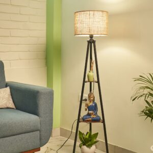 Crosscut Furniture Metal Floor Lamp with 3 Shelves (Brown Jute). LED Bulb Included.