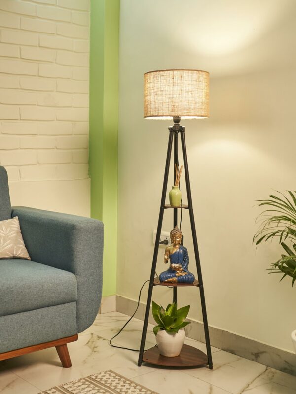 Crosscut Furniture Metal Floor Lamp with 3 Shelves (Brown Jute). LED Bulb Included.