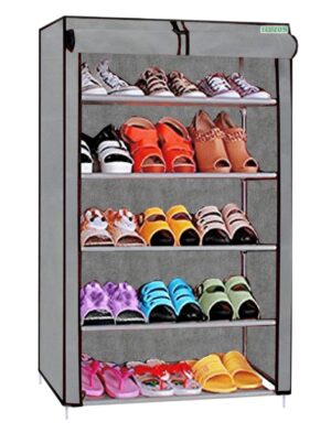 FLIPZON Multipurpose 5 Shelves Shoe Rack with Zip Door Cover & Side Pockets, Multiuse Storage Rack for Footwear, Toys, Clothes with Dustproof Cover (5 Shelves, Grey)