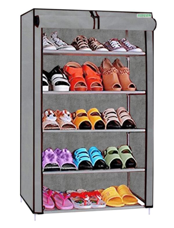 FLIPZON Multipurpose 5 Shelves Shoe Rack with Zip Door Cover & Side Pockets, Multiuse Storage Rack for Footwear, Toys, Clothes with Dustproof Cover (5 Shelves, Grey)