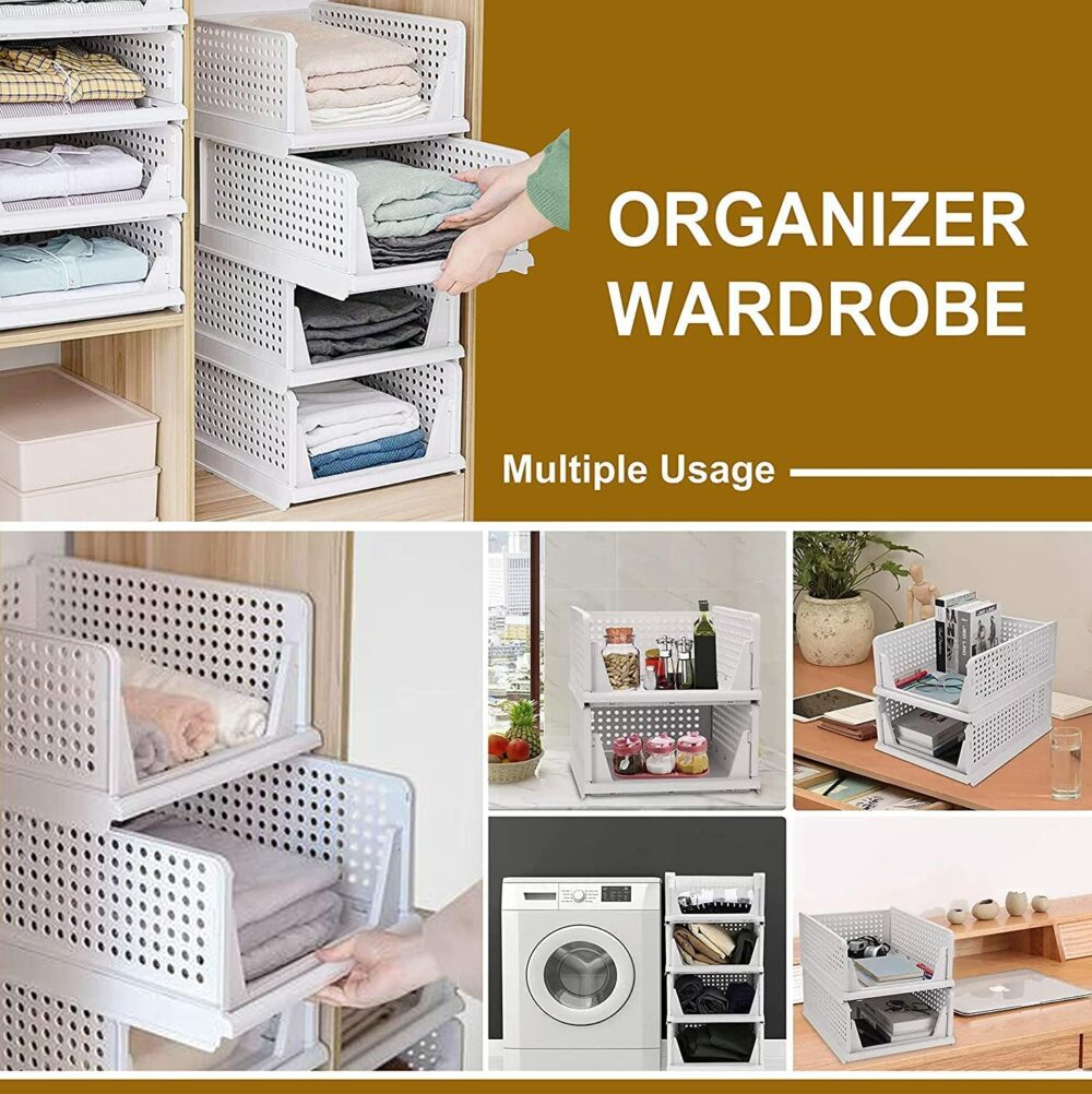 Polypropylene 3 Pieces Wardrobe Organizer for Storage/Foldable & Stackable Closet Basket/Cupboard Organizer for Clothes/Almirah Space Saver(White) - Image 5