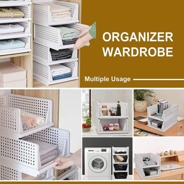 Polypropylene 3 Pieces Wardrobe Organizer for Storage/Foldable & Stackable Closet Basket/Cupboard Organizer for Clothes/Almirah Space Saver(White)