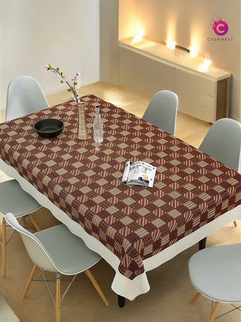 CASA-NEST 2-4 Seater PVC Table Cover; Beige & Brown Squares; Anti Slip; 40x60 Inches; 4 Seater Center Table Cover printed001 - Image 2