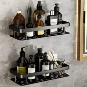 JIALTO 2 PCS Aluminum Wall Mounted Bathroom Organiser, Floating Shelf For Wall For Bathroom Cabinet Multifunctional Large Capacity Bathroom Rack, Bathroom Shelf For Wall (Black)