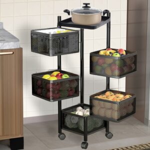 Kuber Industries Storage Rack | 5-Layer Revolving Vegetable Kitchen Rack | Square Multipurpose Storage Trolley with Wheels | Metal Fruit Storage Rack | Kitchen Cabinet Spice Rack | Black