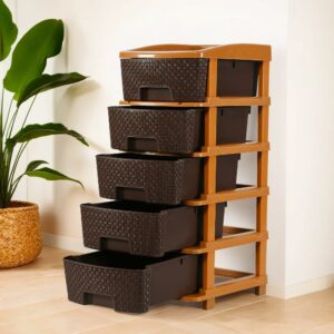 Kuber Industries Plastic 5 Tier Multipurpose Modular Drawer Storage Rack | Kitchen & Home Essentials Organizer Storage Box Cabinet | Almira Set for Stationary, Kitchen, Cosmetic | Chocolate Brown