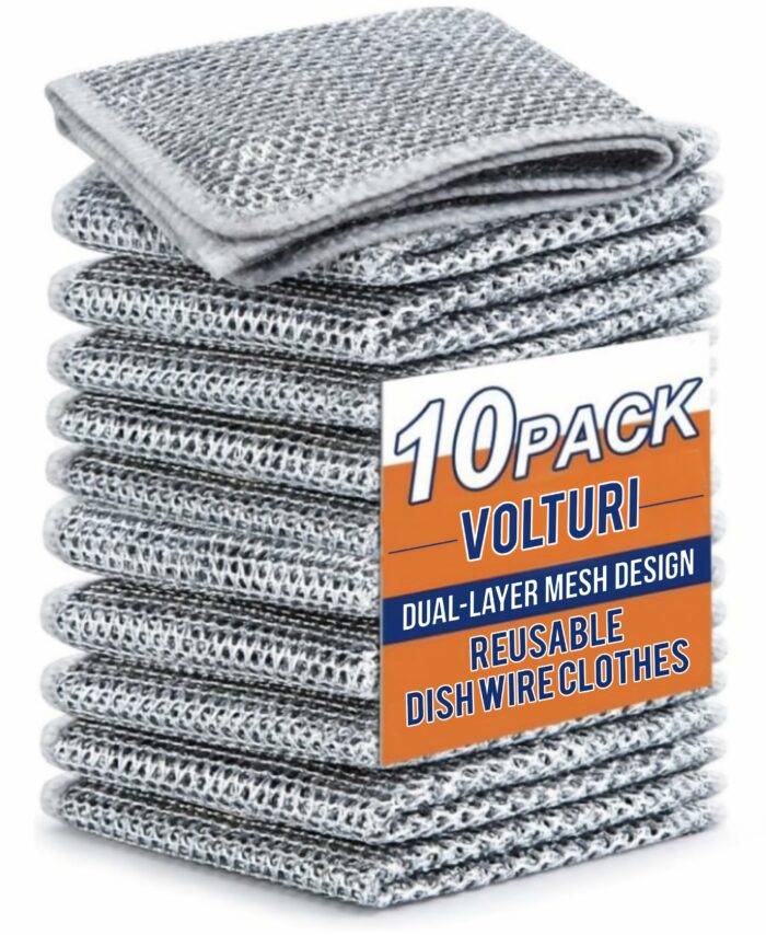 VOLTURI Non Scratch Wire Dish Cloth (Pack of 10), Steel Scrubber for Utensils Cleaning, Multipurpose Wet and Dry Cleaning, Stainless-Steel Dish Wash Scrubber for Washing Dishes, Sinks, Counters