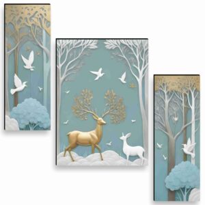 SAF deer Paintings for Wall Decoration - Set Of 3, 3d modern art Painting for Living Room Large Size with Frames for Home, Office painting 50.8 cm x 30.48 cm SANFJM36036-Engineered Wood
