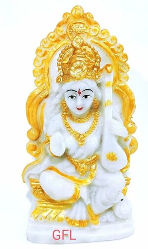 Saraswati White marbel dust Small for Decoration and Pooja, Resin Saraswati Murti, Saraswati with Veena ( Height - 4 Inch, Weight - 200 GM )