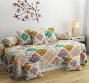 CHHILAKIYA Diwan Set Covers Cotton 8 Pieces Pure Cotton Designer Printed Standard Diwan Set (1 Single Bedsheet, 2 Bolster Covers, 5 Cushion Covers) (Coffee)