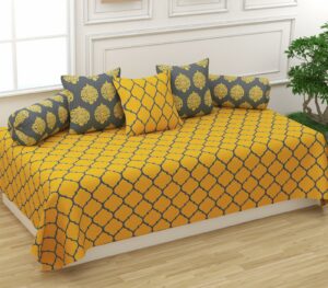 Trance Home Linen 200TC Diwan Set Cotton 6 Pcs | Printed Deewan Set for Living Room Hall (1-Bed Sheet 54x88 Inch | 2-Bolster Cover 16x32 Inch | 3-Cushion Cover 16x16 Inch) Dori Mustard Yellow