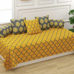Trance Home Linen 200TC Diwan Set Cotton 6 Pcs | Printed Deewan Set for Living Room Hall (1-Bed Sheet 54x88 Inch | 2-Bolster Cover 16x32 Inch | 3-Cushion Cover 16x16 Inch) Dori Mustard Yellow
