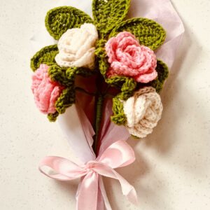Handmade Crochet Flower Bouquet, Pink and Baby Pink Roses with Green Leaves