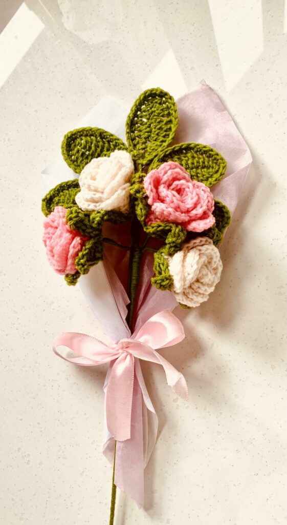 Handmade Crochet Flower Bouquet, Pink and Baby Pink Roses with Green Leaves