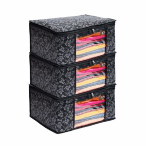 LAXIS Saree Covers With Zip Non-Woven Printed Saree Cover/Saree Organizer For Wardrobe/Cloth Storage/Organizer With Transparent Window/Saree Bags Storage/Clothes Organizer (Black- Pack of 3)