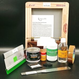 Sumikrafts Screen Printing Kit: 8"x10" Wooden Frame with Pre-Stretched Nylon Mesh No. 40+Vinysheen Black Ink 250gm+Double Hinge Table Clamps+7" Squeegee Blade (70/75 Hardness)