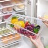 VOLTURI Fridge Storage Containers (Pack of 6), Fridge Organiser Storage Boxes with Removable Drain Plate, Lids, Stackable Organizer, Fridge Storage Box Keep Fruits, Vegetables Fresher, 1500 ML