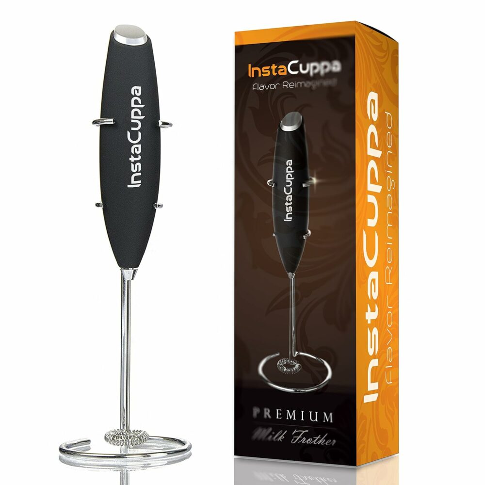 Milk Frother for Coffee, Handheld Battery-Operated Froth Coffee Beater, Electric Portable Foam Maker for Cappuccino, Automatic Hand Stirrer with Stainless Steel Egg Whisker and Stand