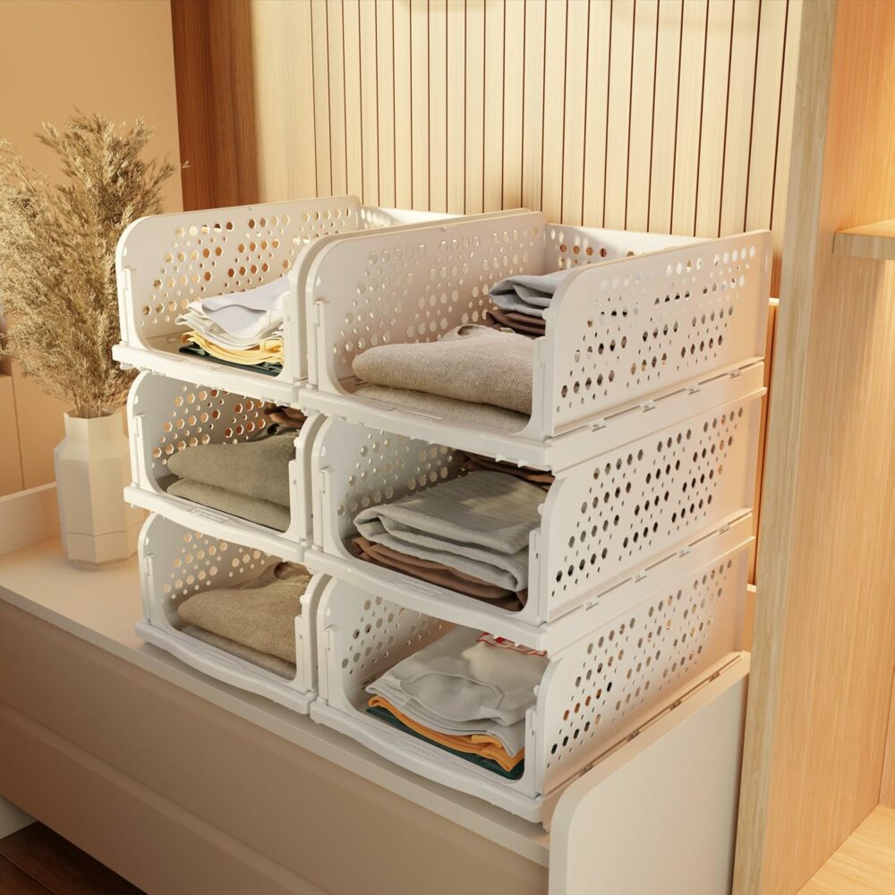 Clothes Organizer for Wardrobe | Foldable & Stackable Closet Organizer, 6 Pieces, White
