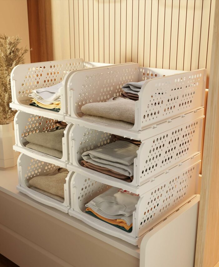 Clothes Organizer for Wardrobe | Foldable & Stackable Closet Organizer, 6 Pieces, White