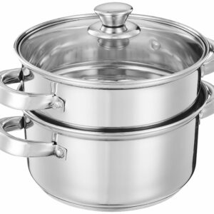 Amazon Brand - Solimo Stainless Steel Induction Bottom Steamer/Modak/Momo Maker With Glass Lid(2 Litres),Silver
