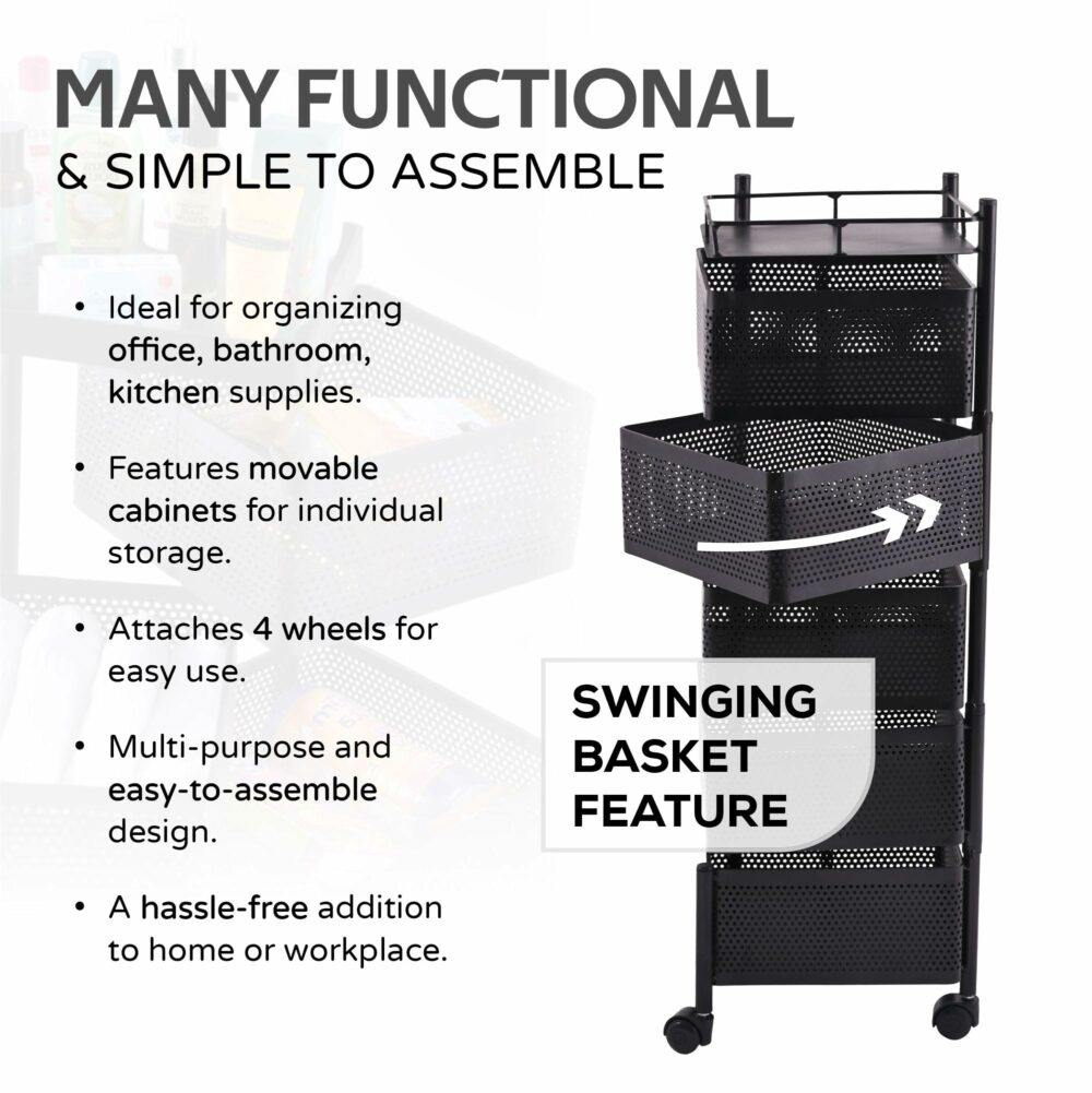 Kuber Industries Storage Rack | 5-Layer Revolving Vegetable Kitchen Rack | Square Multipurpose Storage Trolley with Wheels | Metal Fruit Storage Rack | Kitchen Cabinet Spice Rack | Black - Image 5