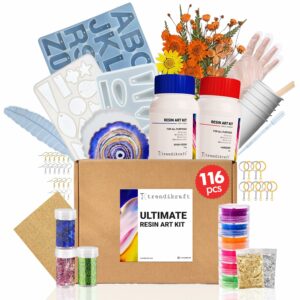 TRENDIKRAFT 116pcs Ultimate All-in-One Resin Art Kit with 5 Silicone Moulds Dried Flowers Epoxy Raisin Materials for Making Alphabet Pendant Keychain Earrings Bookmarks & 4" Coaster for DIY Beginners