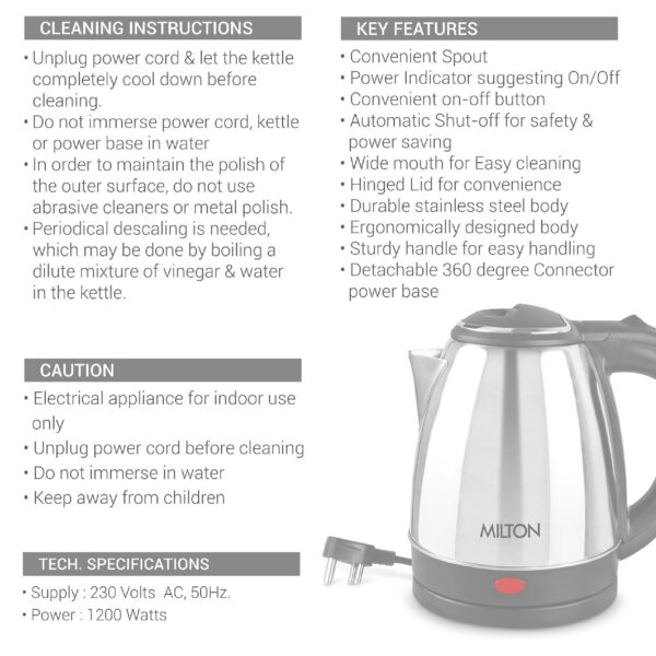 Milton Euroline Go Electro 1 2 Stainless Steel Electric Kettle, (1 Piece), 1 2 Litres, Silver | Power Indicator | 1500 Watts | Auto Cut-off | Detachable 360 Degree Connector | Boiler for Water