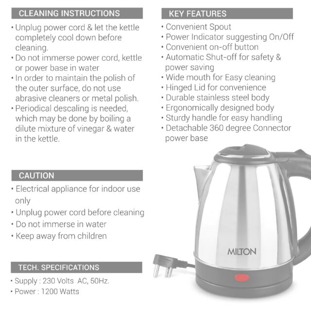 Milton Euroline Go Electro 1 2 Stainless Steel Electric Kettle, (1 Piece), 1 2 Litres, Silver | Power Indicator | 1500 Watts | Auto Cut-off | Detachable 360 Degree Connector | Boiler for Water