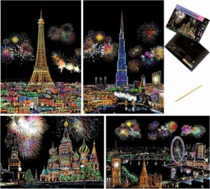 Cityscape Scratch Art Sheets, City View Scratch Cards, A4 Size, Art kit for Meditation, Rainbow Scratch Paper, Art and Craft for Adults and Kids, Women's Crafting Hobby, Gift for Girls and Women