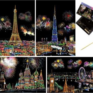 Cityscape Scratch Art Sheets, City View Scratch Cards, A4 Size, Art kit for Meditation, Rainbow Scratch Paper, Art and Craft for Adults and Kids, Women's Crafting Hobby, Gift for Girls and Women