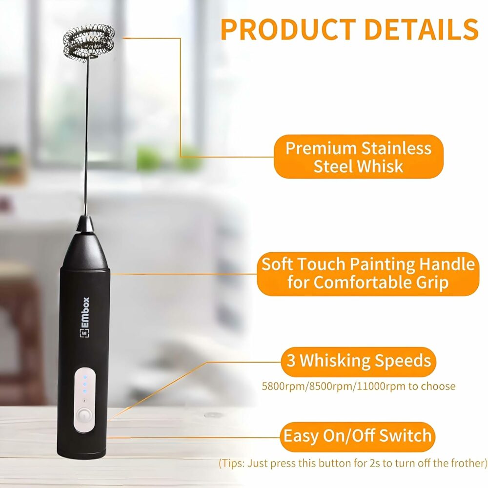 Rechargeable Milk Frother & Coffee Whisker | 3-Speed Electric Frother for Cream, Latte, Cappuccino | Egg Whisker | Stainless Steel | 6 Months Warranty | Black - Image 3