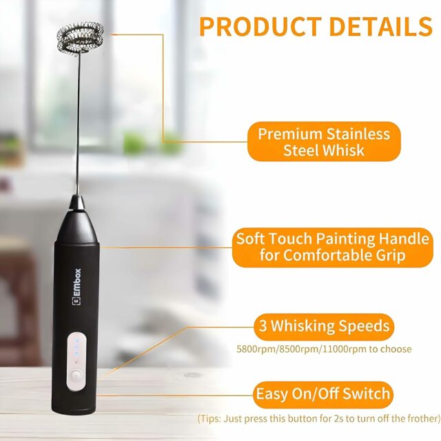 Rechargeable Milk Frother & Coffee Whisker | 3-Speed Electric Frother for Cream, Latte, Cappuccino | Egg Whisker | Stainless Steel | 6 Months Warranty | Black