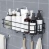 Boniry Stainless Steel Bathroom Shelf for Wall, Self Adhesive Bathroom Organiser, 4 Hooks for Towel Holder, Space-Saving Wall Mounted Bathroom Shelf with Elegant Design (Pack of 1, Black)