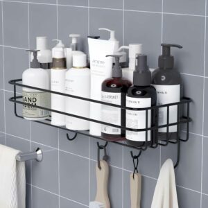 Boniry Stainless Steel Bathroom Shelf for Wall, Self Adhesive Bathroom Organiser, 4 Hooks for Towel Holder, Space-Saving Wall Mounted Bathroom Shelf with Elegant Design (Pack of 1, Black)