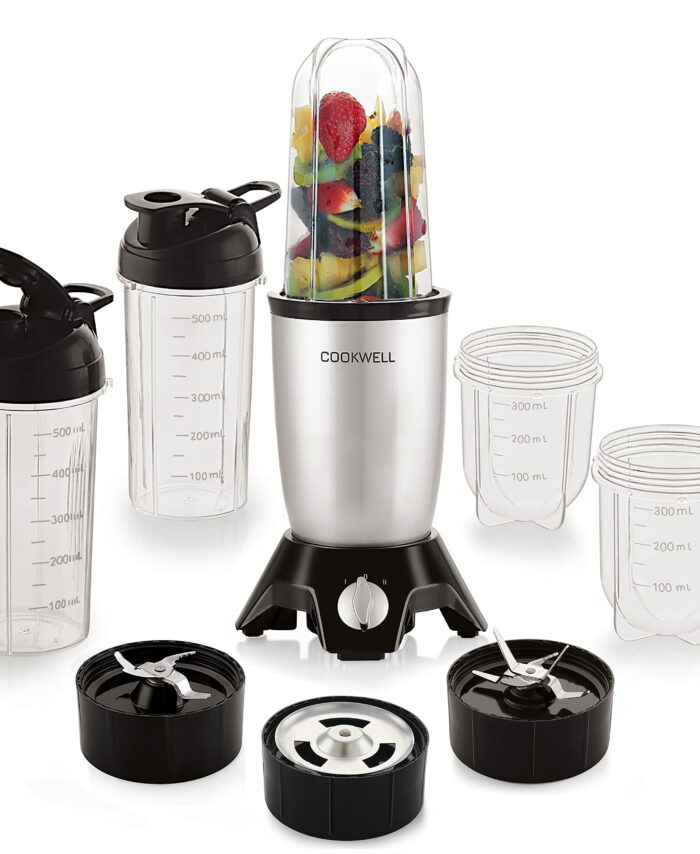 Cookwell Bullet Mixer Grinder (5 Jars, 3 Blades, Silver) - Copper, 600 Watts - 2 Year Warranty