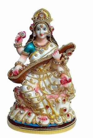 Saraswati Ji Murti | Goddess Saraswati Idol | Maa Sharda Murti | Maa Saraswati with decoration Decorative Showpiece & Idol (Pearl Colour). (H x W x D: 15cm X 10 cm X 5 cm),, Resin