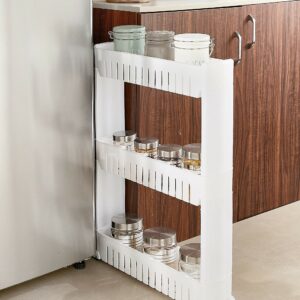 Amazon Basics Slim Rolling Storage Rack ? 3-Tier Plastic Slide-Out Organizer for Kitchen, Bathroom, Laundry Room ? Space-Saving Multipurpose Shelf for Pantry & Utility Storage (White)