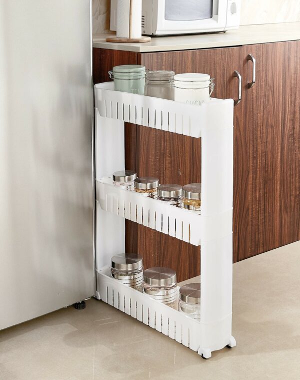 Amazon Basics Slim Rolling Storage Rack ? 3-Tier Plastic Slide-Out Organizer for Kitchen, Bathroom, Laundry Room ? Space-Saving Multipurpose Shelf for Pantry & Utility Storage (White)